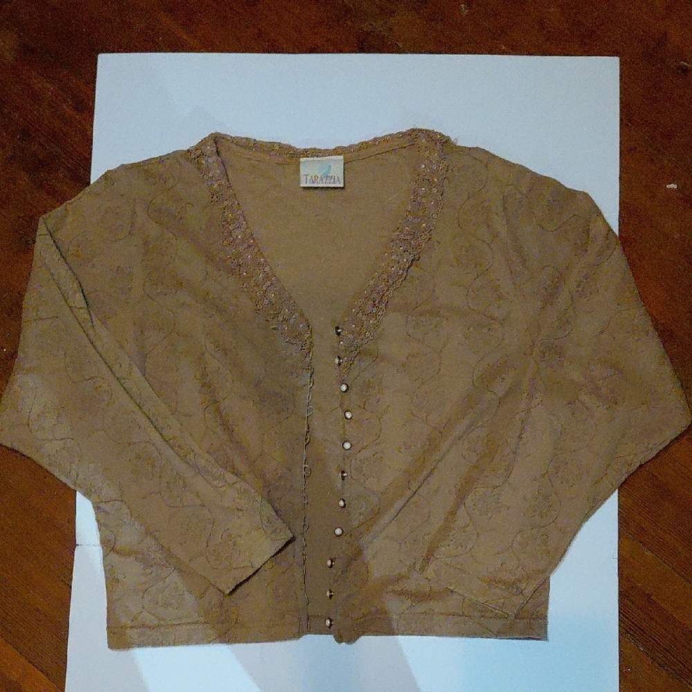 Tan Women's Top with Beaded Trim